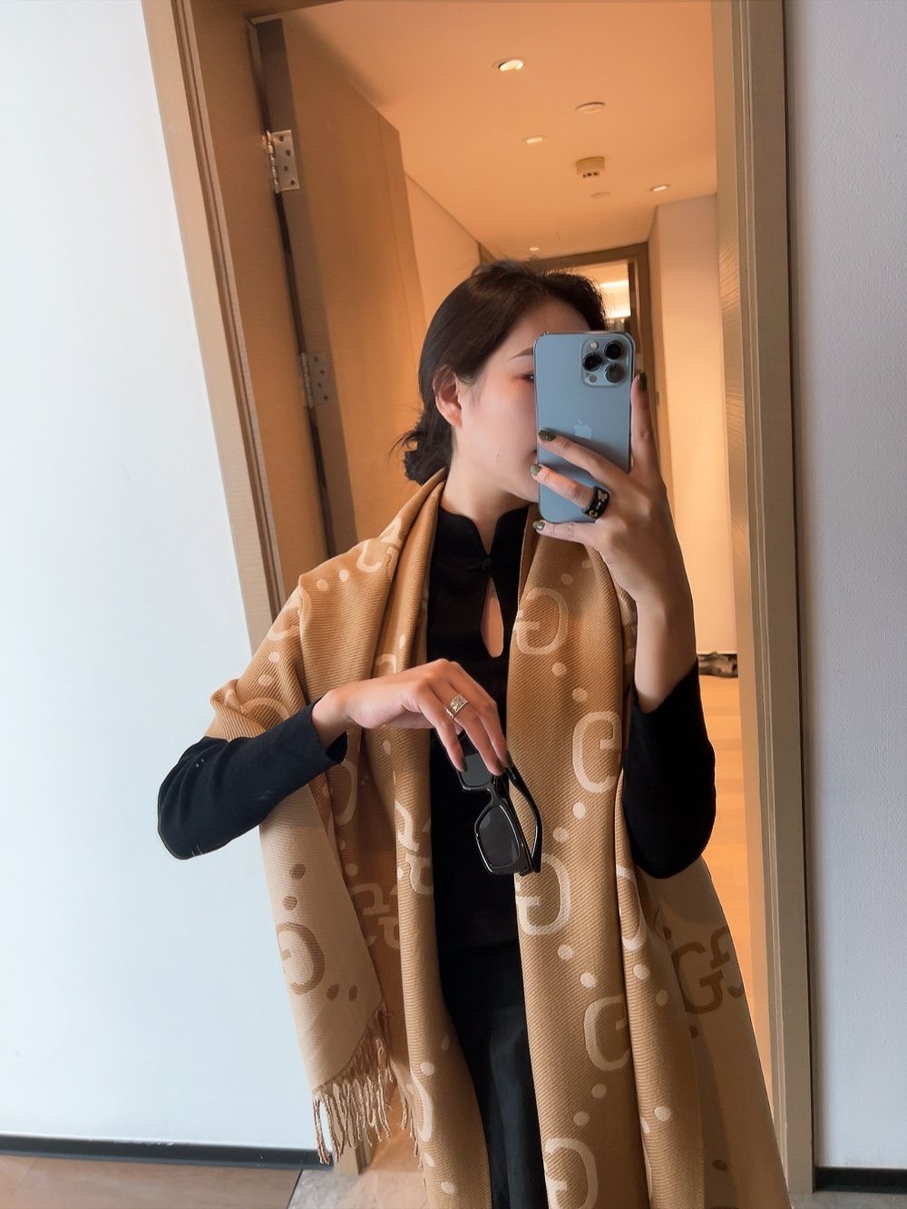 Gucci Tan Cream Motif Fringed Scarf — model