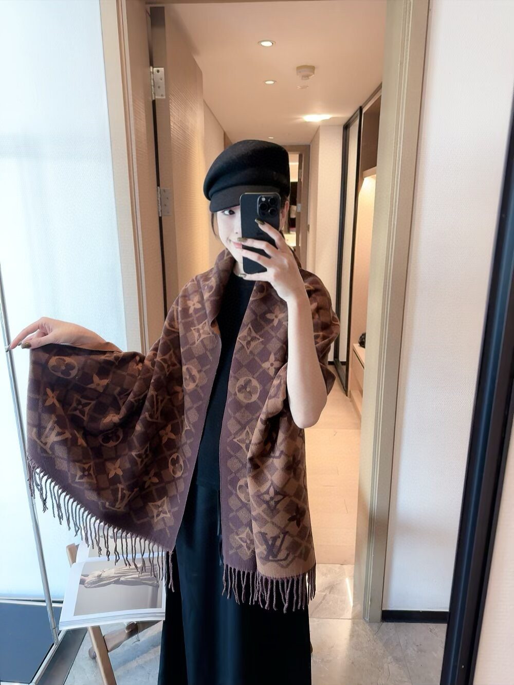 Louis Vuitton Fringed Monogram Scarf — model