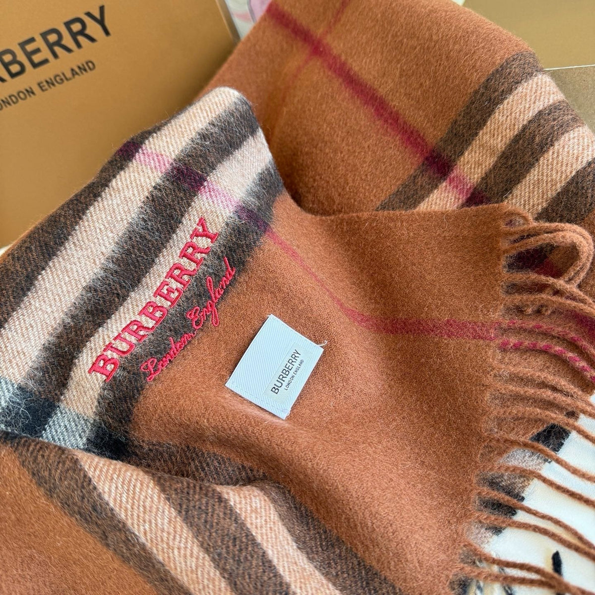 Burberry Brown Plaid Fringed Scarf — detail
