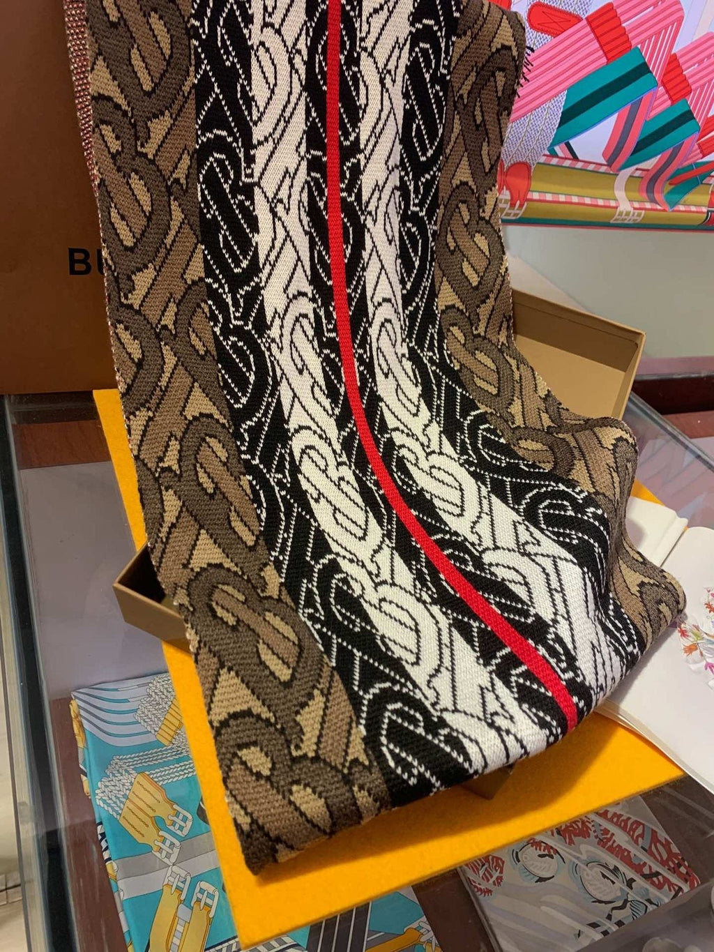 Burberry TB Monogram Fringed Scarf — detail
