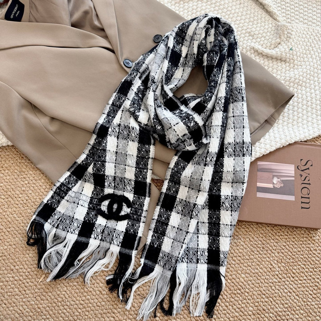 Chanel Black and White Plaid Fringed Scarf — front