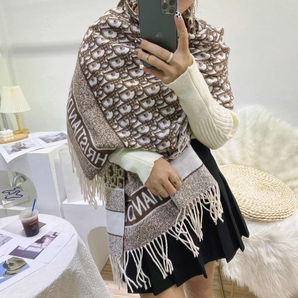 Dior Brown & Ivory Fringed Scarf — model