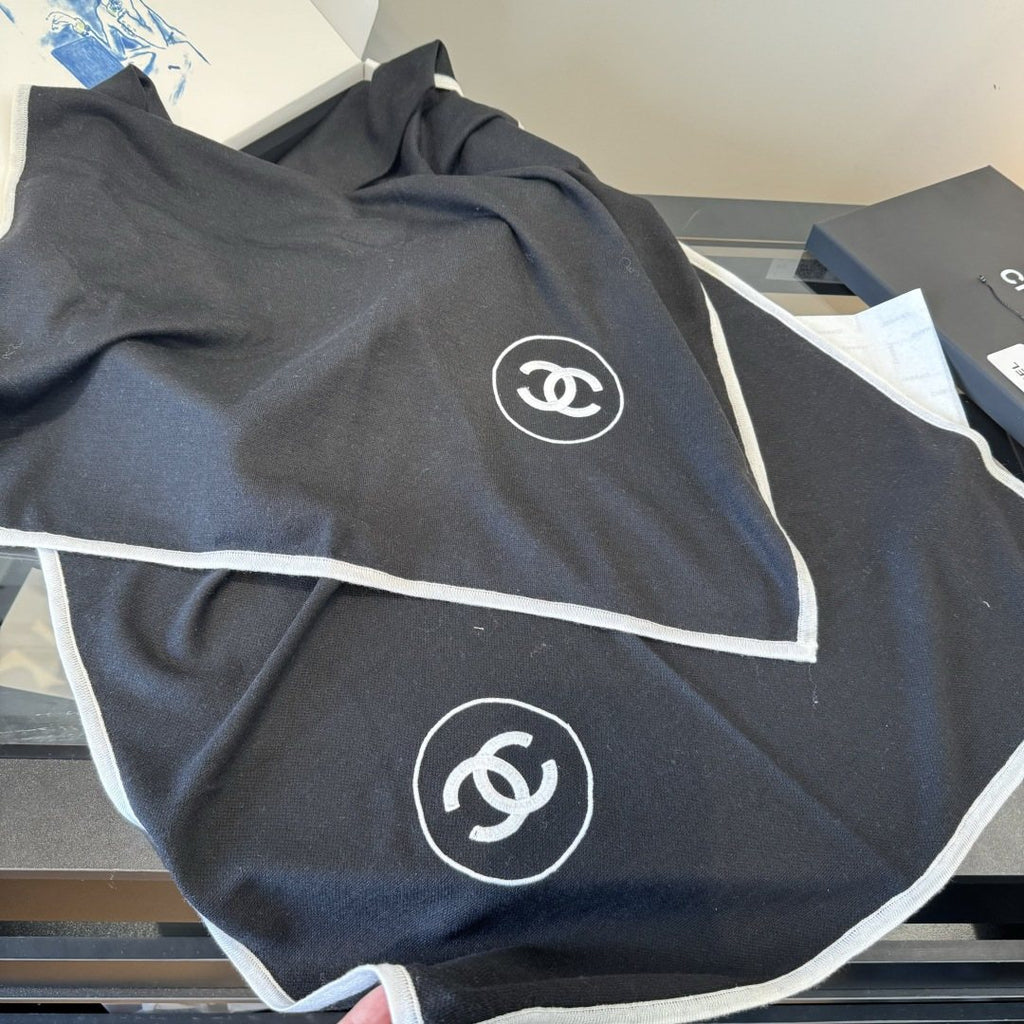 Chanel Black Logo Trim Scarf — front