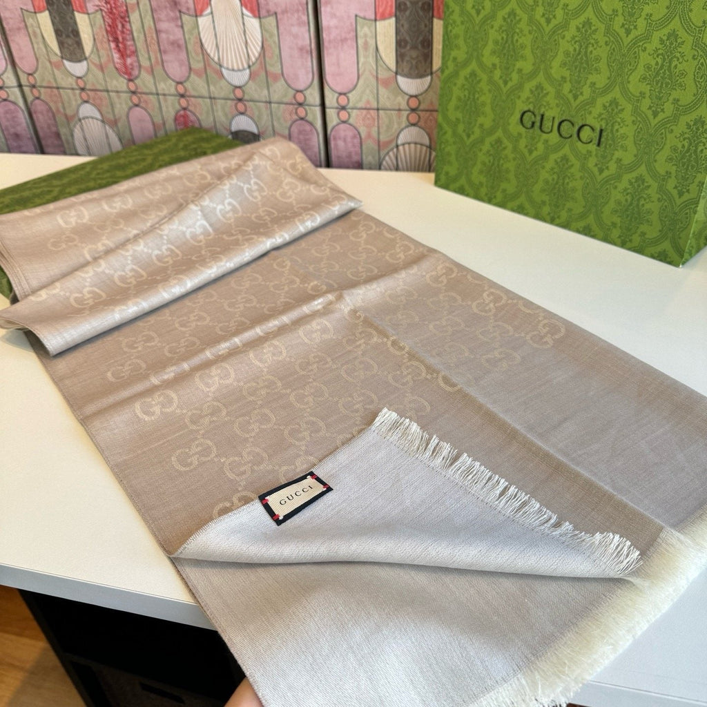 Gucci Reversible Monogram Fringe Scarf — front