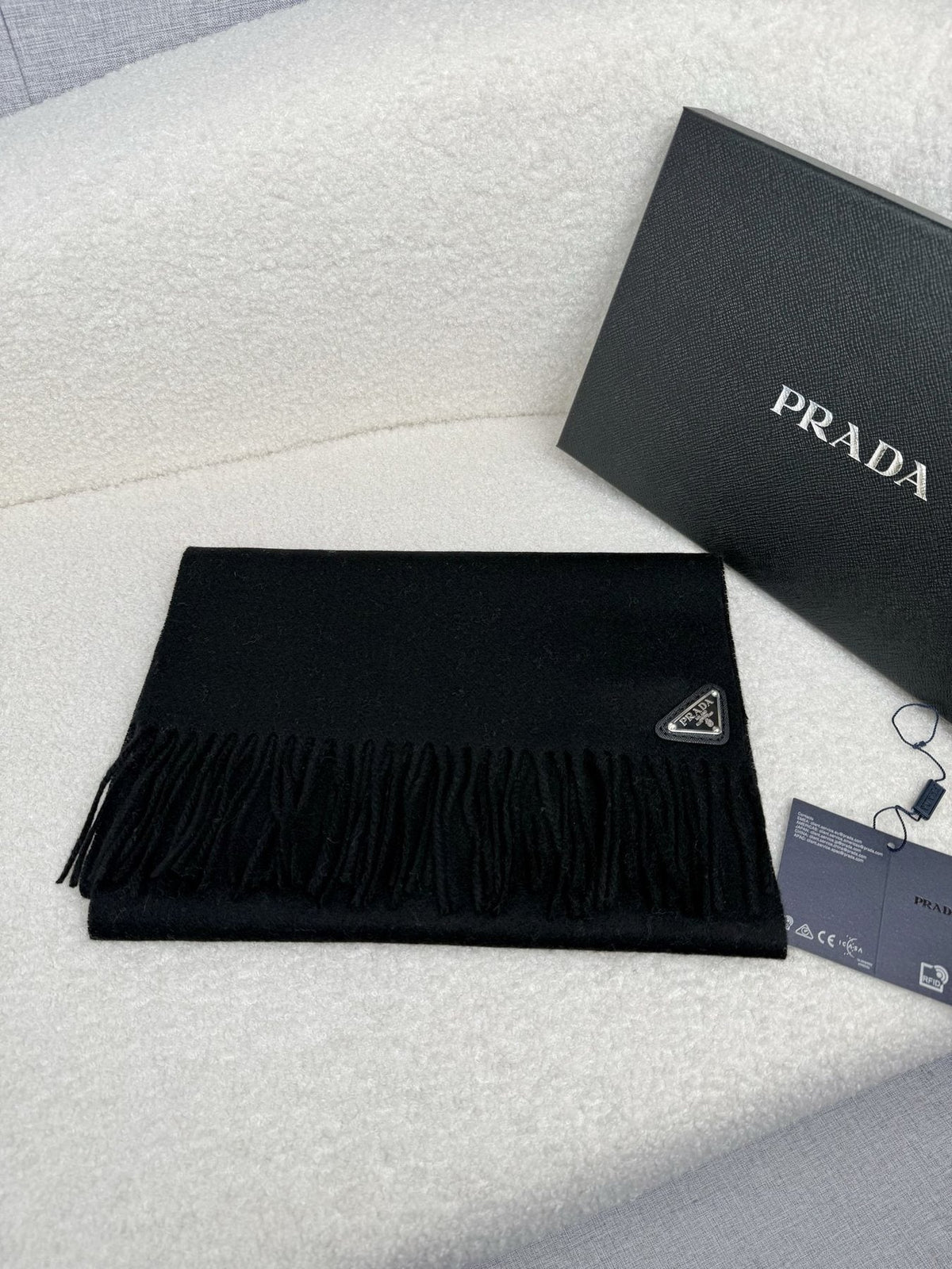 Prada Fringed Triangle Plaque Scarf — front