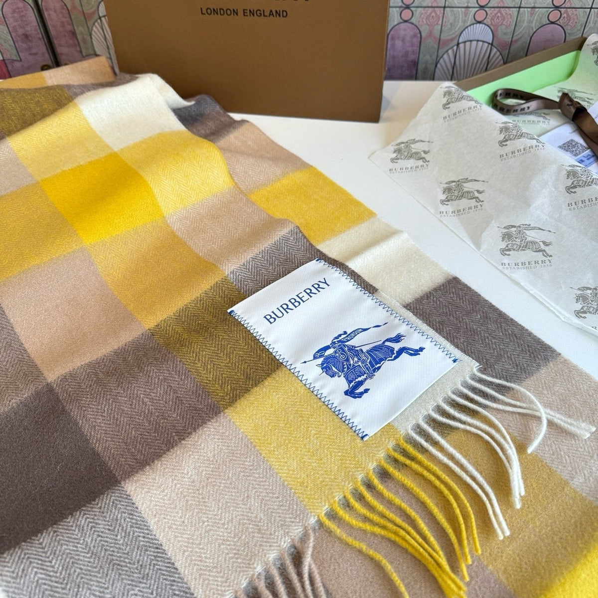 Burberry Yellow Brown Plaid Scarf — front