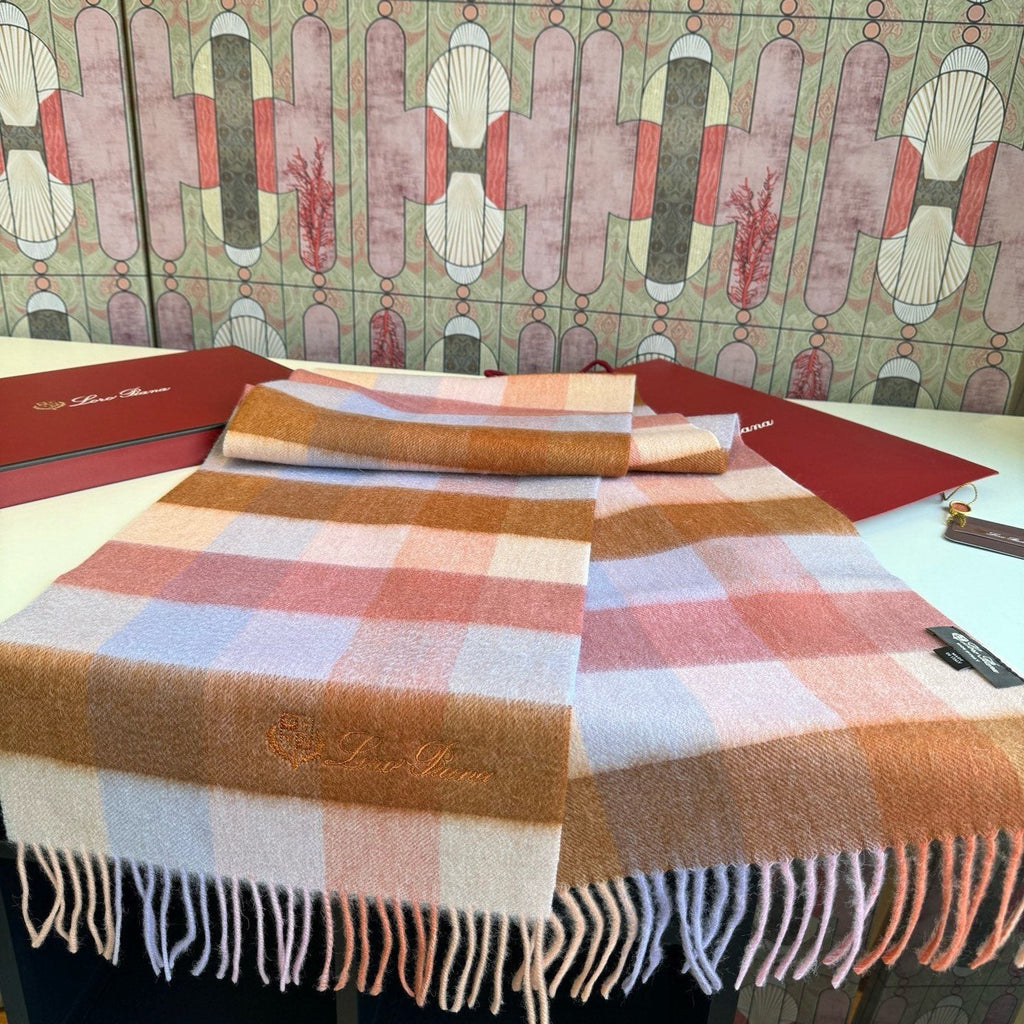 Loro Piana Pink Tan Lavender Plaid Scarf — front
