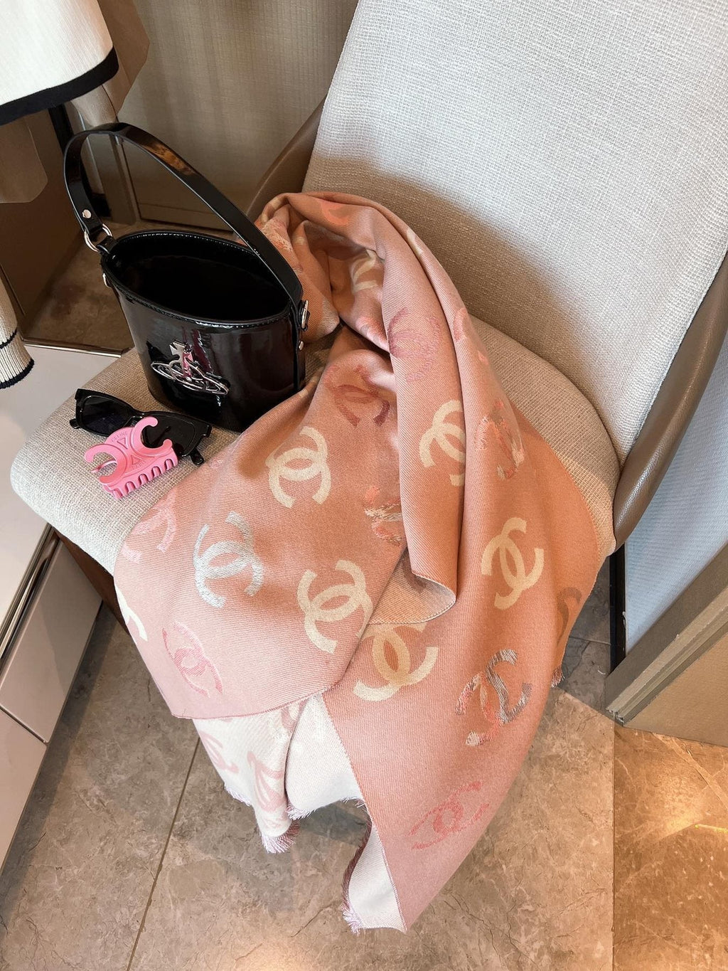 Chanel Patterned Fringed Scarf — front